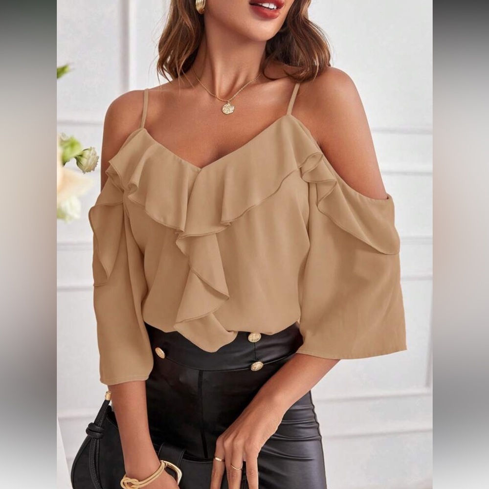 Elegant Red Ruffle Cold Shoulder Top - Picture 6 of 16